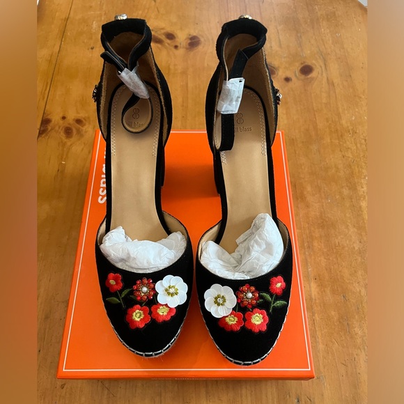 Bill Blass Anthropologie Emma Embellished Sz10 Black Platform Heels Ankle Strap - Picture 3 of 7